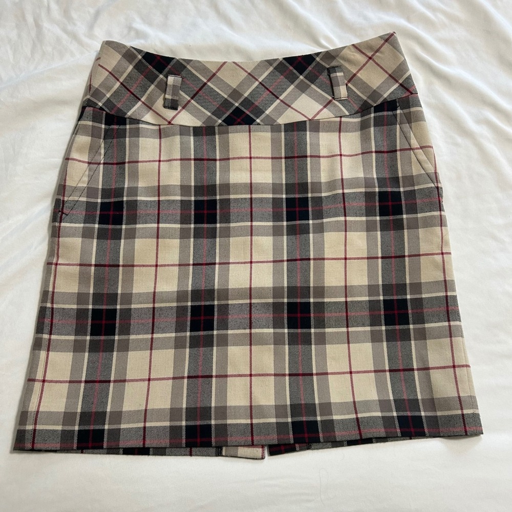 Petite Sophisticate Plaid Mini Skirt‎ Tan Grey Preppy Red Size 6P Lined Career